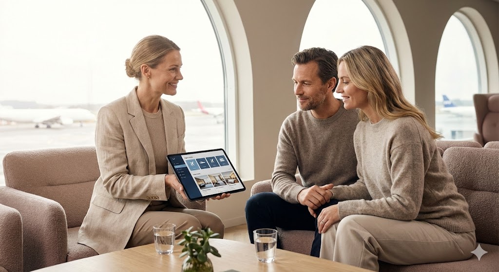 Reiseradgiver planlegger fly- og pakkereise for kunde