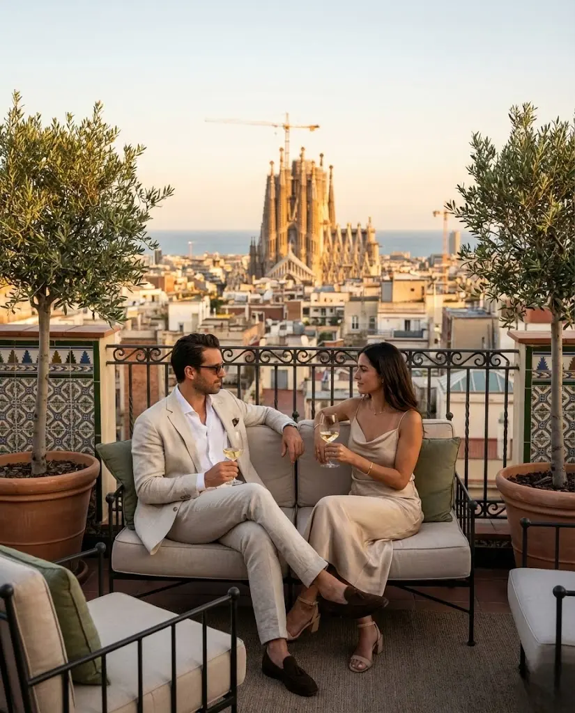 Barcelona i kveldssol med utsikt over by og strand