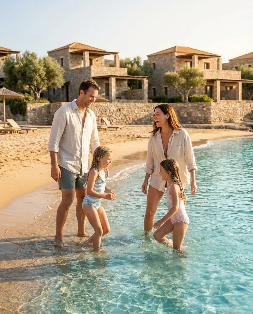 Familieferie pa Kreta med strand og blatt hav