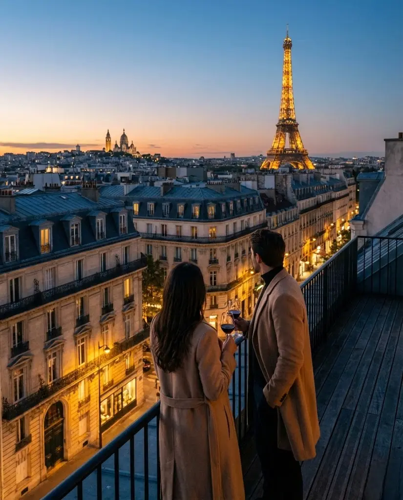 Paris med Eiffeltarnet og kveldlys